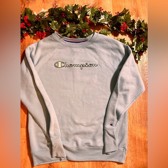 Champion Tops - Pre-owned Vintage Blue Champion Spellout Crewneck Sweatshirt - Medium
